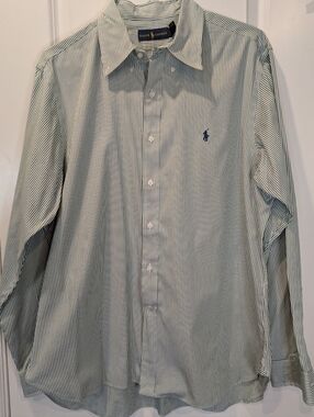 Ralph Lauren Green White Stripe Button Down Shirt Pony Logo Cotton 17/43 Large